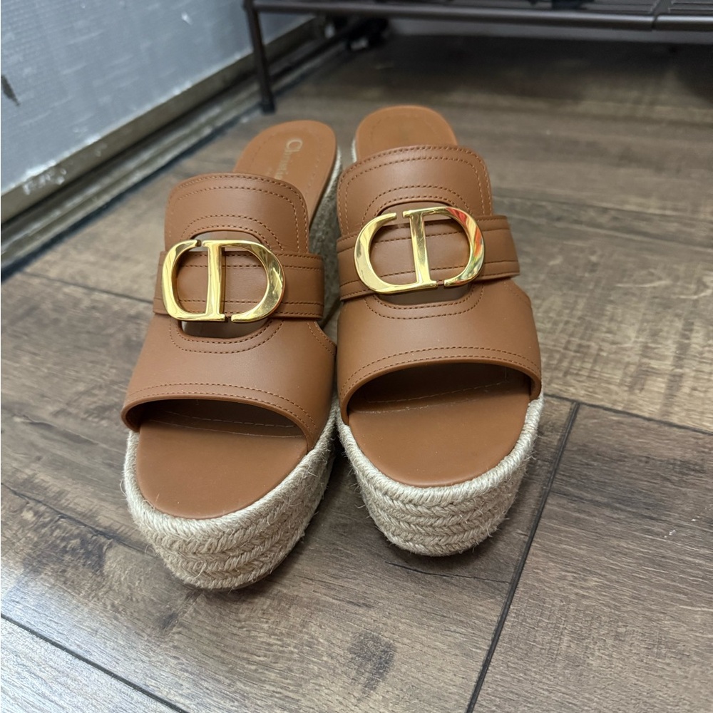 Dior Brown Gold Wedge Sandals